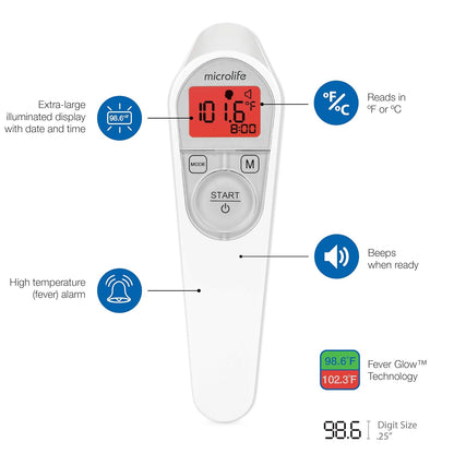 Microlife Non-Contact Forehead Thermometer, Digital Infrared No-Touch Thermometer (for Adults, Kids & Baby), Large Backlit LCD Screen, Fever Alarm