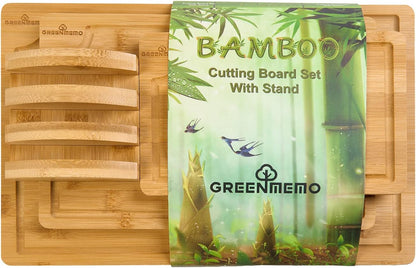 Bamboo Cutting Boards for Kitchen, Wood Cutting Board with Holder, Bamboo Cutting Board Set Reversible with Juice Grooves for Meat Cheese Fruit and