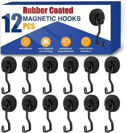 Heavy Duty Magnetic Hooks for Grill, Refrigerator & BBQ – 12-Pack Strong Rare Earth Magnet Hooks for Hanging Grill Tools, Towels & Outdoor Camping Accessories