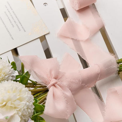 Blush Pink Chiffon Ribbon 1.5" x 21 Yd Handmade Fringe Silk Chiffon Fabric Ribbon for Gift Wrapping Wedding Invitation Bridal Flower Bouquet DIY Crafts Home Decor