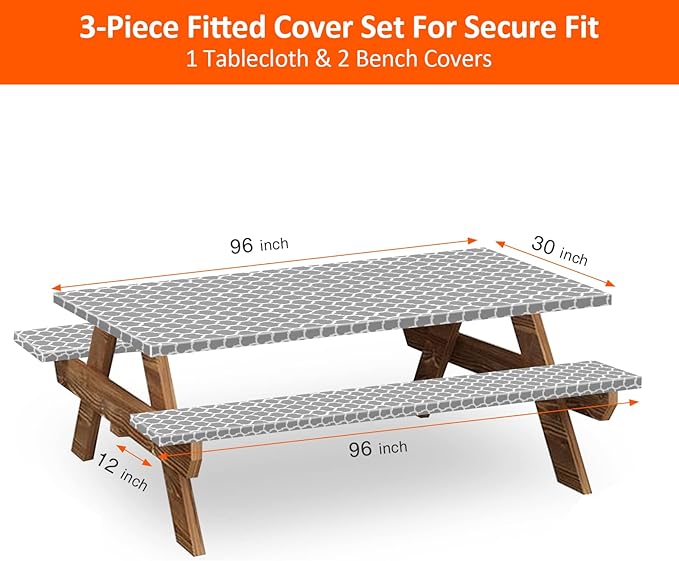 8ft Picnic Table and Bench Cover, Camping Essentials RV Gear, 96 in Waterproof Windproof Outdoor Elastic All Around Tablecloth, Fitted Rectangle Tables and Seats, Gray-White Moroccan