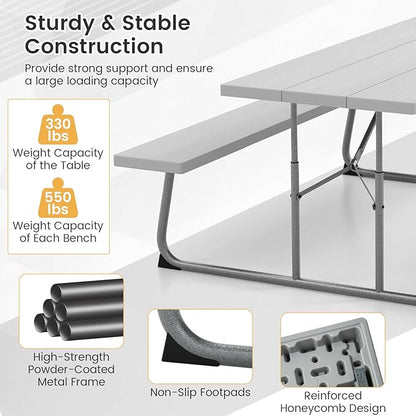 Giantex 6 FT Folding Picnic Table Bench Set- Outdoor Dining Set for 8 Persons w/All-Weather HDPE Tabletop, Metal Leg, Large Outside Dining Table for Lawn Patio Garden Yard Poolside, Grey