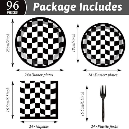 96PCS Race Car Birthday Party Decorations Black and White Checkered Plates Sports Themed Table Supplies Decorations Racing Dessert Plates Napkins Forks for 24 Guests Racing Car Birthday Party Favors