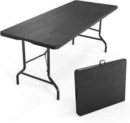 VINGLI 6 Foot Plastic Folding Table Portable Long Table for Indoor Outdoor Use Rectangular with Carrying Handle, Tree Patterned HDPE Tabletop, Black