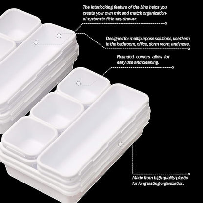 Set of 12 Interlocking Desk Drawer Organizer Tray Dividers Plastic Shallow Narrow Drawers Organizers Separators Storage Bins Container for Kitchen Bathroom Makeup Office Vanity Bedroom Dresser White