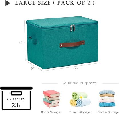 2 Pack Storage Bins with Zipper Lid Cotton Linen Fabric Lidded Storage Baskets Boxes Foldable Washable Closet Shelf Clothes Organizer Container with PU Leather Handles (Teal Blue, Large)