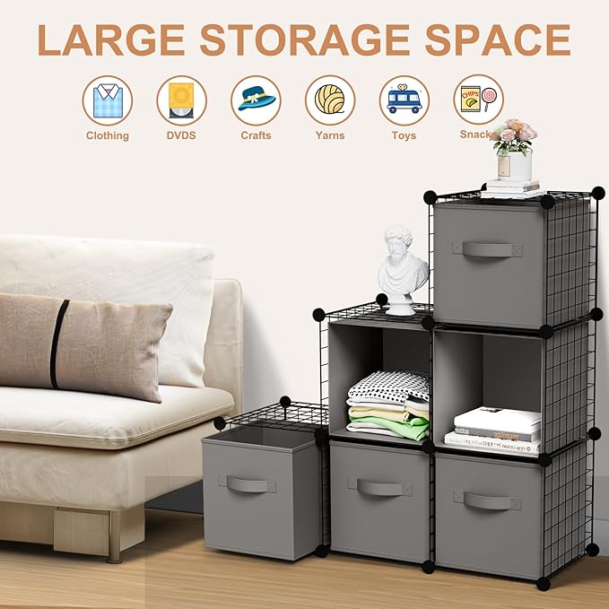 Leinuosen 6 Cube Storage Organizer with Fabric Bins, Wire Grid Stackable Shelves, Modular Storage Units for Bedroom Living Room Office Toys Book Craft(Black,Gray)