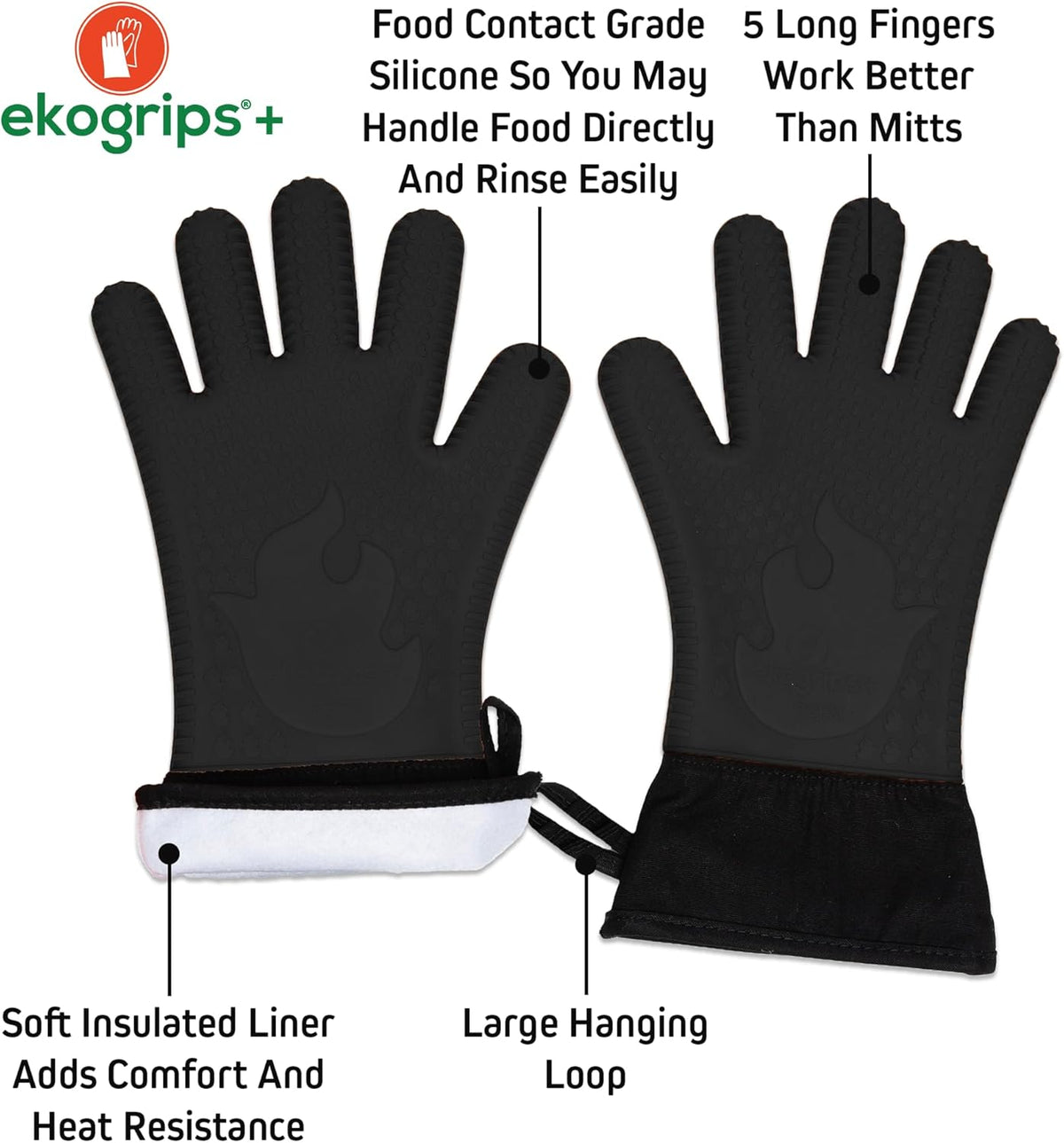 Ekogrips+ Premium Silicone Oven Mitts - Comfy, Waterproof, Heat Resistant BBQ Gloves for Grilling, Long Cuff for Added Protection, 5 Finger Dexterity