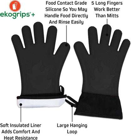 Ekogrips+ Premium Silicone Oven Mitts - Comfy, Waterproof, Heat Resistant BBQ Gloves for Grilling, Long Cuff for Added Protection, 5 Finger Dexterity
