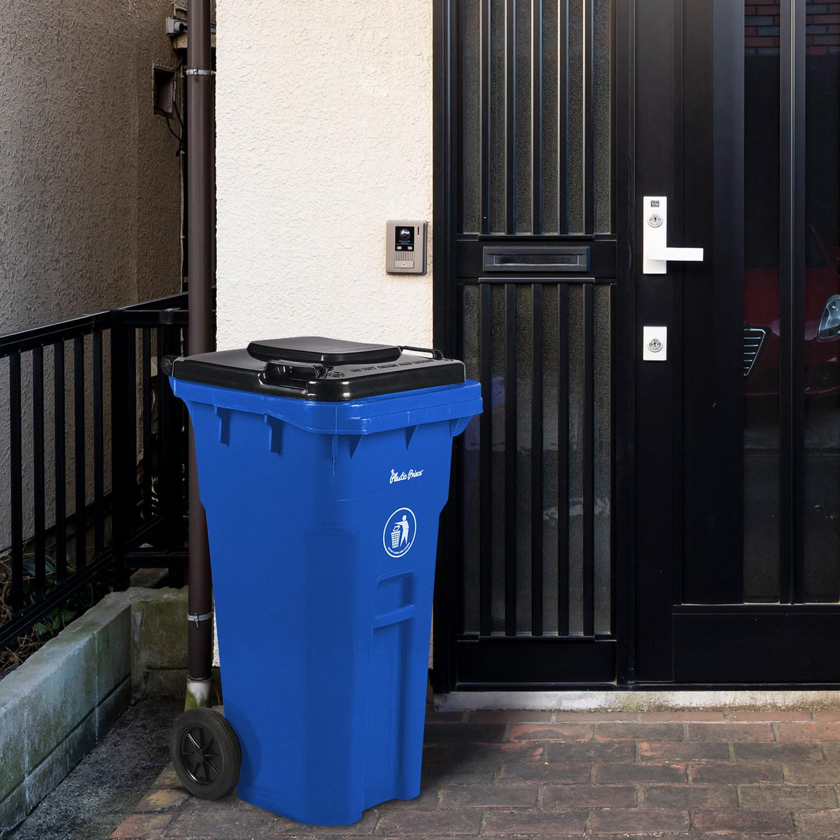 32 Gallon Trash Can Outdoor Recycling Bin with Lid and Wheels Heavy Duty Rolling Garbage Can with Lid Blue Recycle Bin with Wheels for Warehouses Hospitals Restaurants, Pack of 2