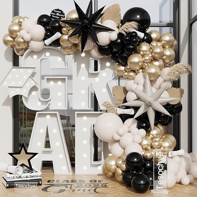 Black And Gold Balloon Arch Kit,Sand White Chrome Gold Balloons with Exploding Star Foil Balloons for New Year Decorations Graduation Retirement Adult Birthday Party Wedding Decor
