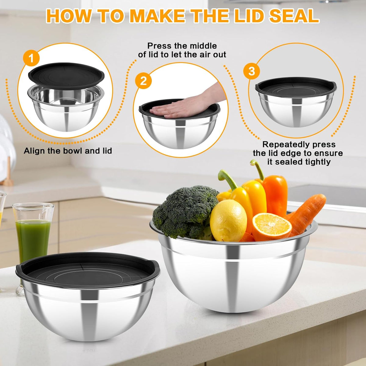 7 Piece Metal Mixing Bowls with Lids Set, Stainless Steel Nesting Design Salad Mixing Bowl Set for Kitchen Cooking, Baking