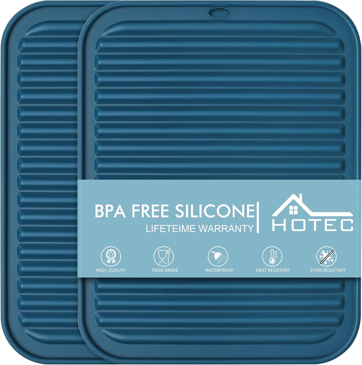 HOTEC BPA Free Silicone Trivets for Hot pots and Pans, 446℉ Heat Resistant for Kitchen Counter Dish Drying Mat, Set of 2 Classic Blue