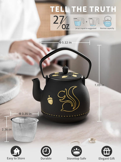 Toptier Teapot with Removable Infuser, Cast Iron Tea Kettle Stovetop Safe, Squirrel Design Tea Pot Coated with Enameled Interior for 32 Ounce (950 ml), Black