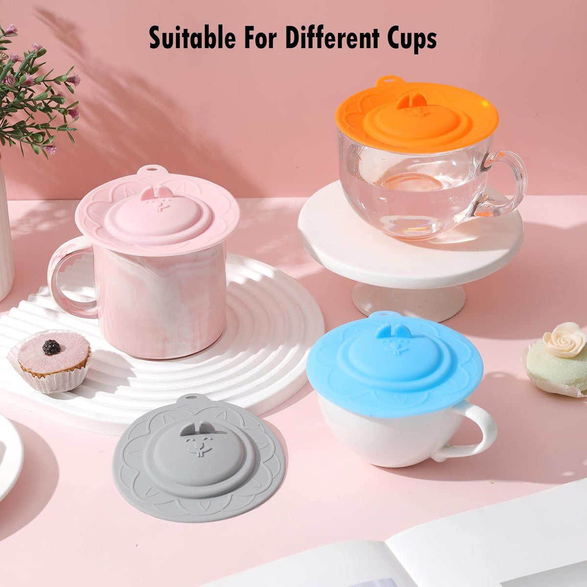 Cat's face Silicone Cup Covers (Set of 4) ， Multicolored Silicone Lids for Mugs, Cups, Tea Pots,Flexible Mug Covers，Hot Cup Lids for Coffee & Tea