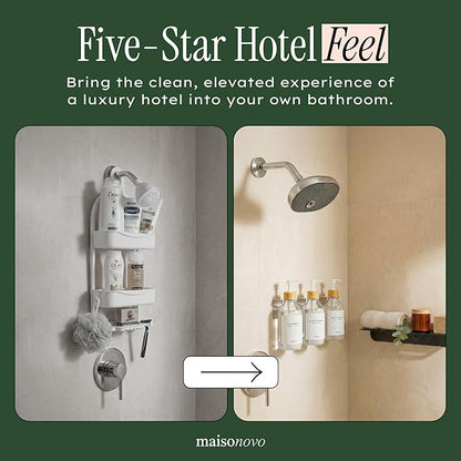 Shampoo and Conditioner Dispenser Wall Mounted Set of 3 Clear Bamboo - No Drill Shower Soap Dispenser for Bathroom Refillable - Spa Hotel Style Accessories by MaisoNovo