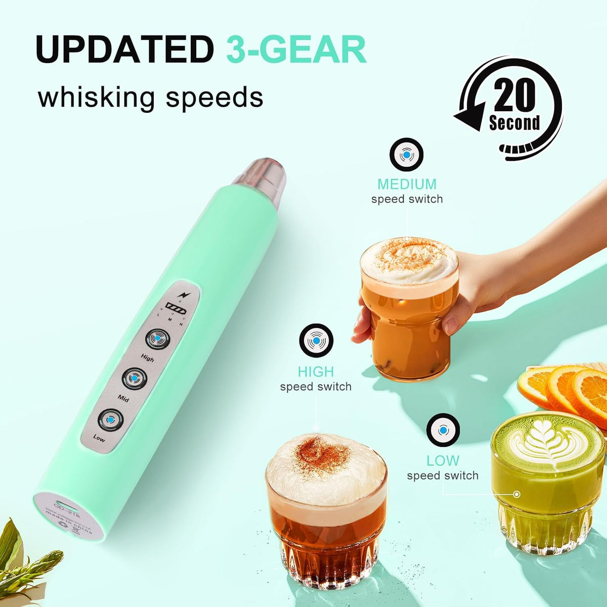Yuswko Baby Blue Handheld Milk Frother Wand for Coffee, Rechargeable Electric Whisk with 3 Heads 3 Speeds Drink Mixer Coffee Frother For Latte