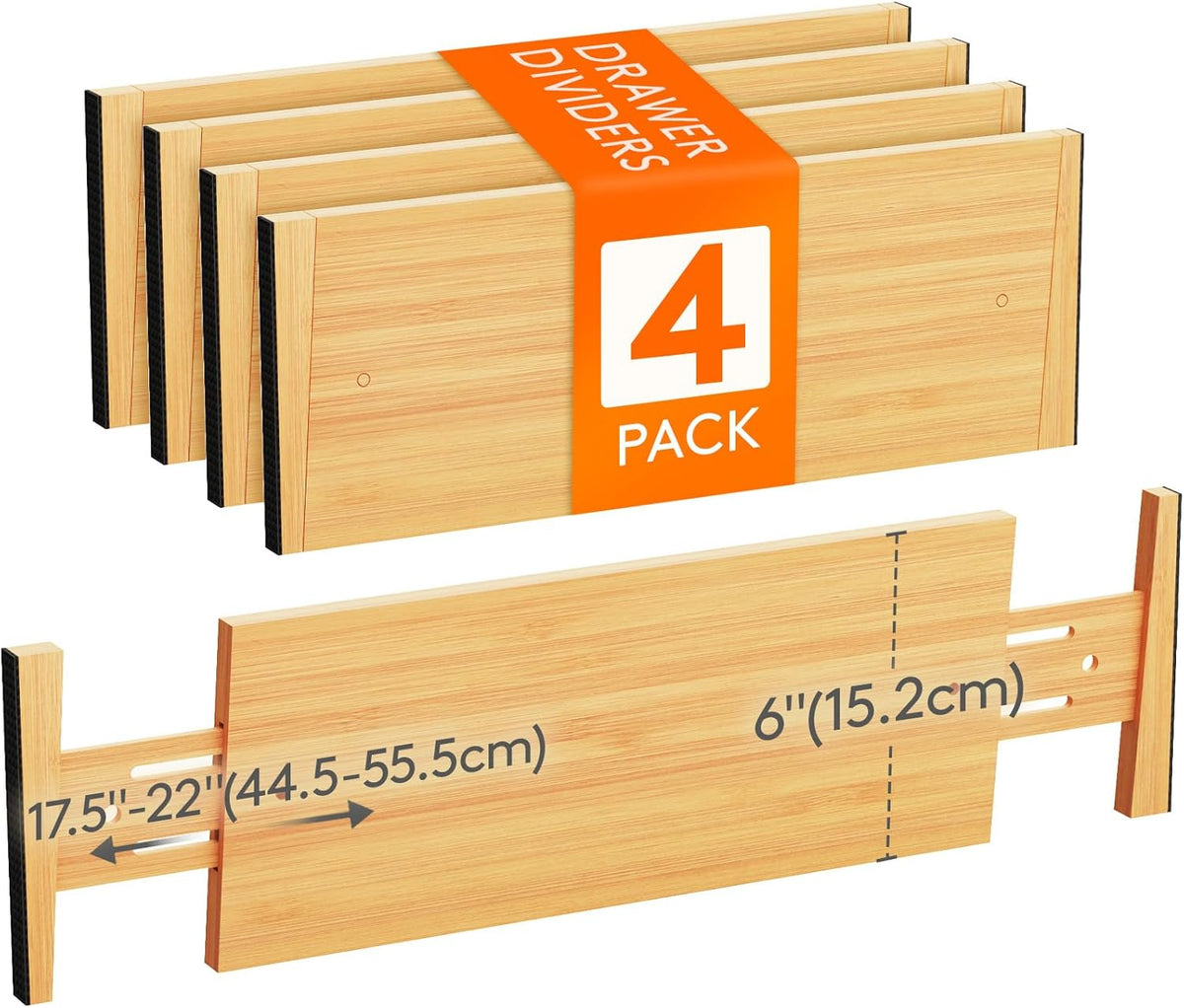 Lifewit 4 Pack 6" Deep Bamboo Drawer Dividers, 17.5-22" Expandable Drawer Organisers for Clothes, Adjustable Dresser Drawer Divider, Clothing Drawers Separators for Dresser, Bedroom, Bathroom, Office