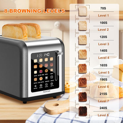 2 Slice Toaster Touch Screen, Stainless Steel Toasters Digital Timer 2 Slot Toasters, 8 Shade Settings 6 Bread Types for Bagel, Cancel, Defrost (Grey）