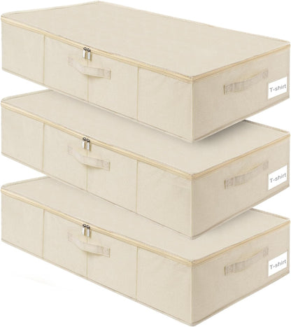 punemi Underbed Storage, 3 Pack Clothing Storage Bags W/Sturdy Handles, Large Capacity Underbed Shoe Container Organizer, Dorm Essentials Bins for Blankets, Pillows, Comforters & Quilts, Beige, 50L