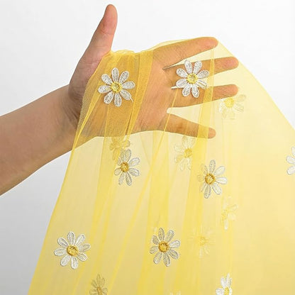 Horaldaily Yellow Embroidery Daisy Spring Summer Gauze Tablecloth 60×104 Inch Rectangular, Seasonal Tulle Table Cover, Garden Party Decorations for Wedding, Party, Holiday Dining