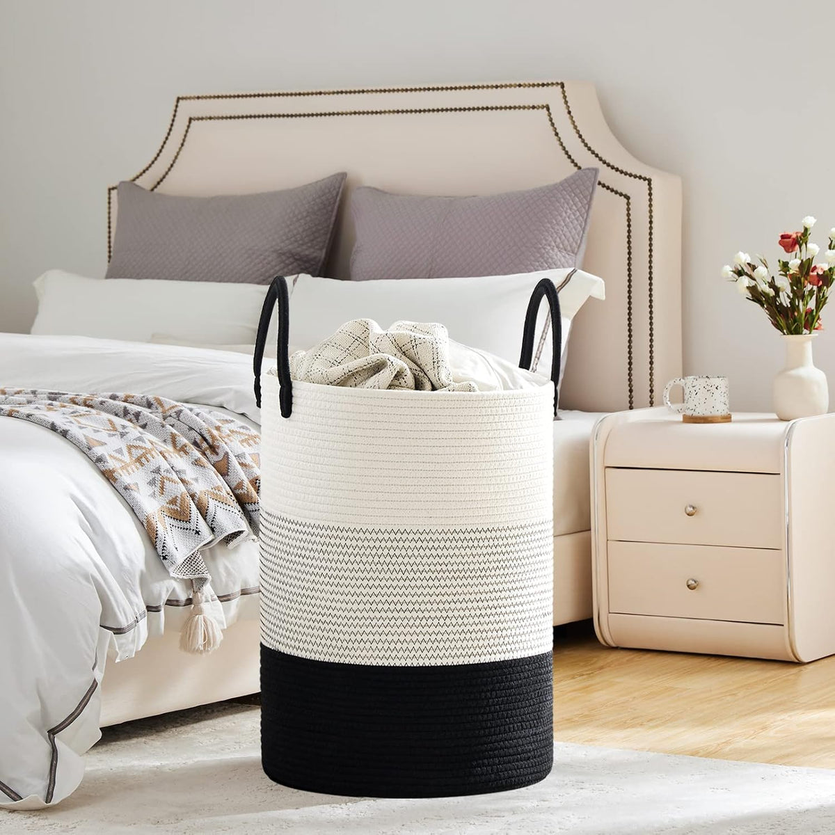 VIPOSCO Large Laundry Hamper, Tall Woven Rope Storage Basket for Blanket, Toys, Dirty Clothes in Living Room, Bathroom, Bedroom - 100L White & Black