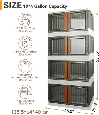 Storage Bins, Extra Large Cabinet with Lids, 19 Gallon(72L) Capacity (Per One), 4 Packs, Useful Box with Door and Buckles, Foldable, Transparent, Excellent Home Organizers
