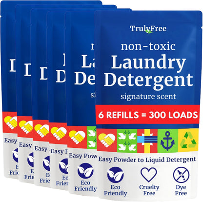 Truly Free Natural Laundry Detergent for Sensitive Skin | Eco Friendly, Plant Based, Baby Clothes Safe | Clean & Easy Powder to Liquid, 6 Pack Refill Detergent, NO Jug | Signature Scent, 300 Loads