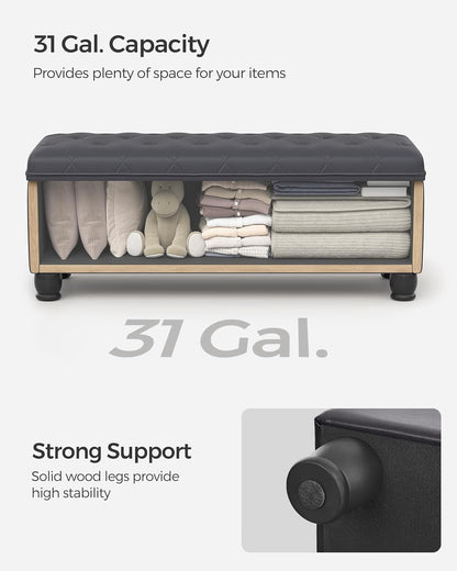 SONGMICS Storage Ottoman, Storage Bench, Tufted Entryway Bedroom Bench, 17.7 x 46.5 x 17.7 Inches, Hinges Easy Lid Operation, Wooden Legs, Synthetic Leather, Loads 330 lb, Dark Gray ULOM071G01