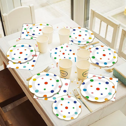 96 Pcs Colorful Birthday Plates and Napkins Colorful Polka Dots Party Supplies Rainbow Dots Tableware Table Decorations Confetti Plates Napkins Rainbow Party Favor for Baby Shower Wedding 24 Guests