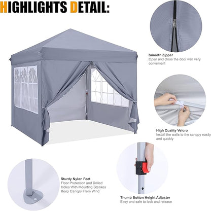 COOSHADE 8x8 Ft Pop up Canopy Tent Enclosed Instant Folding Canopy Shelter with Elegant Church Window Outdoor Pavilion Cater Party Wedding BBQ Events Tent(Grey)
