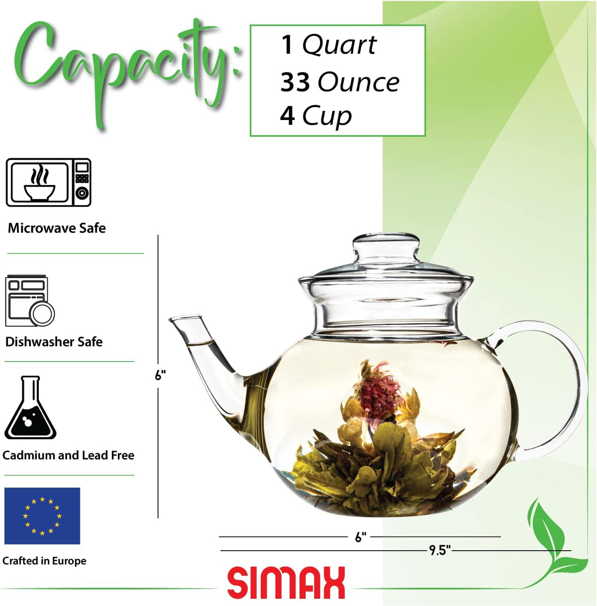 Simax Glassware 33 Ounce Glass Teapot | With Spout, Microwave and Stovetop Safe, Heat, Cold, and Thermal Shock Resistant Borosilicate Glass, Makes a Stunning Presentation…