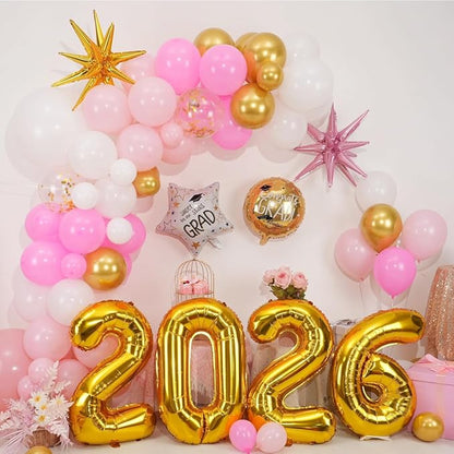 Pink White Gold Balloon Arch Kit, Graduation Balloons Garland, 2026 Graduation Decorations Pink Gold and White Balloons with Foil Star Balloon for Class of 2026 ollege High School Party Decor