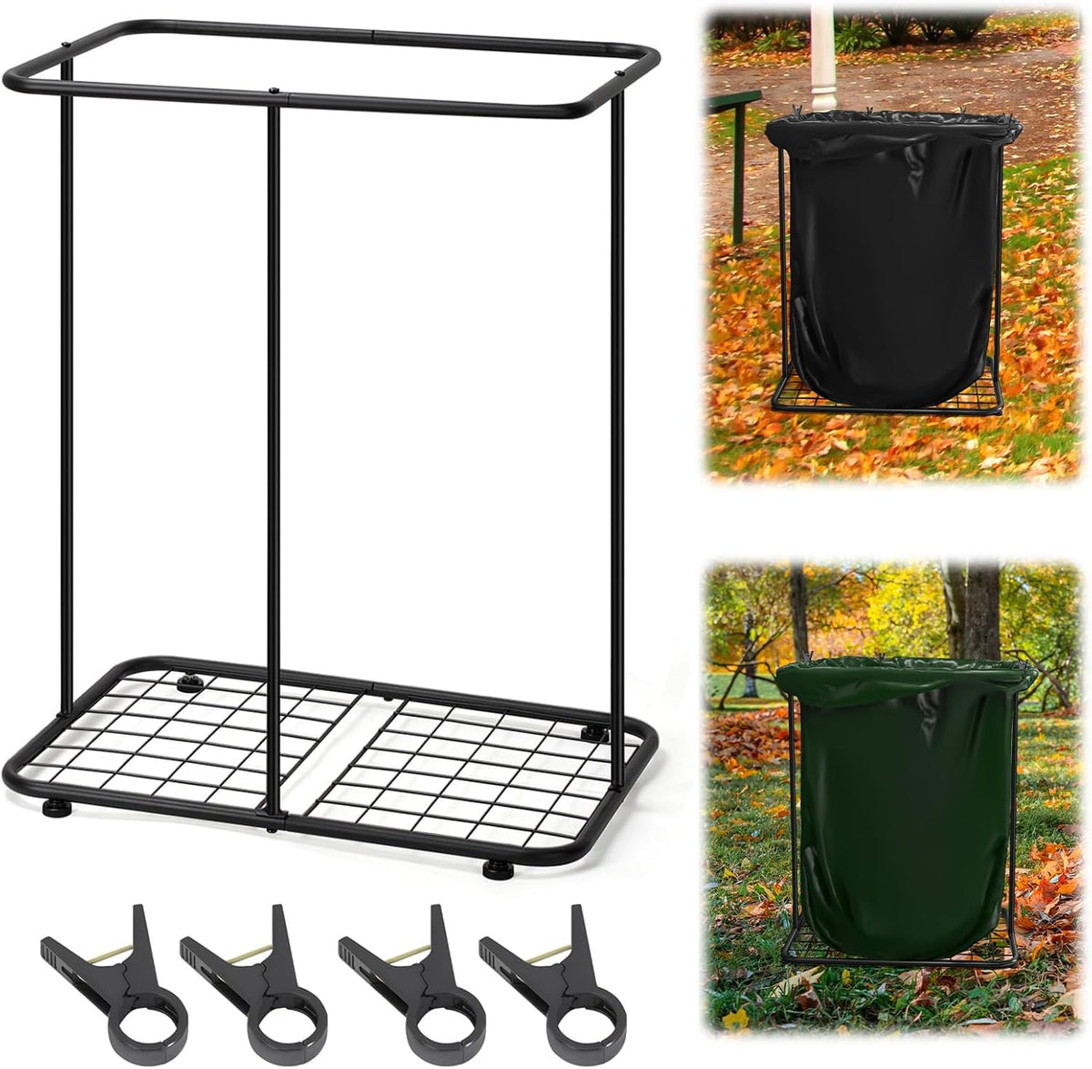 Vrisa Garden Trash Bag Holder Stand Outdoor Leaf Bag Holder Metal Wire Garbage Bag Holder Frame Holds 30-45 Gallon Bags Lawn Bag Holder with Clips for Camping Gardening Yard Weeding Lawn Parties