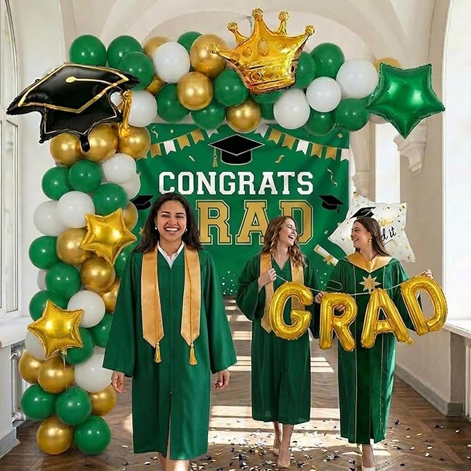 Green White Gold Balloon Garland Arch Kit with backdrop Stars Graduation Cap crown GRAD Letters Mylar Balloons for 2026 graduate Prom Decorations