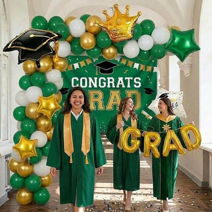 Green White Gold Balloon Garland Arch Kit with backdrop Stars Graduation Cap crown GRAD Letters Mylar Balloons for 2026 graduate Prom Decorations