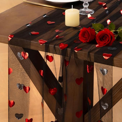Socomi Valentine's Day Red Heart Table Runner Gauze Sheer Romantic Sequin 10FT Glitter Metallic Foil Dining Wedding Birthday Party Baby Shower Holiday Centerpiece Table Decor Black