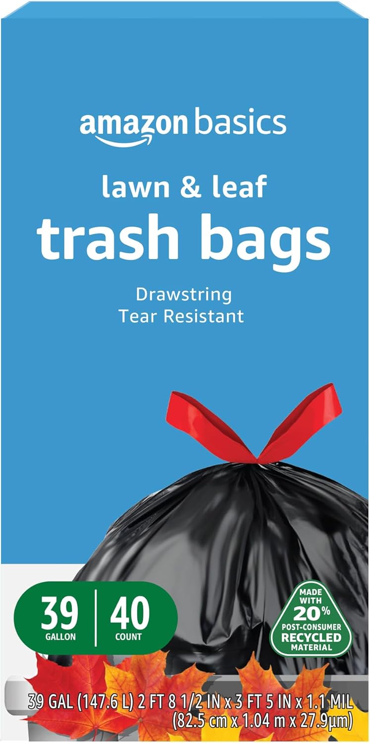 Amazon Basics 39 Gallon Lawn & Leaf Heavy Duty Drawstring Trash Bags, 20% Post Consumer Recycled, 40 Count