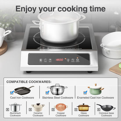 1800W Professional Commercial Induction Cooktop: 120V Stainless Steel Countertop Burner for RV, Small Restaurant, Catering Kitchen - Portable Hot Plate with 3-Hour Timer, Touch Panel