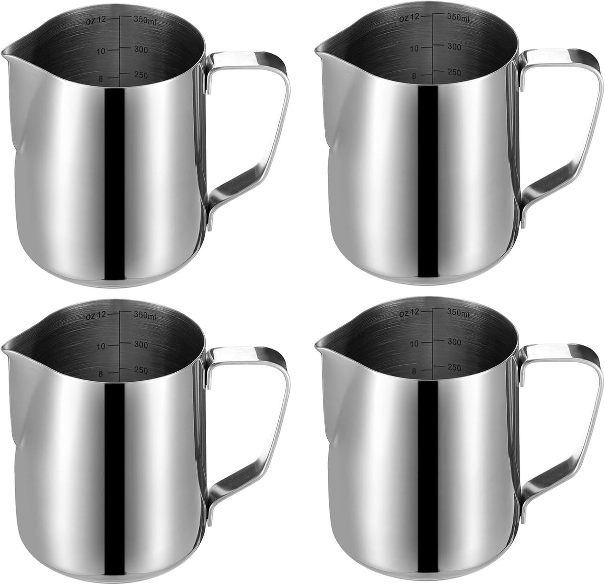 4 Pcs Milk Frothing Pitcher Espresso Steaming Pitchers 12 Oz Stainless Steel Milk Steamer Cup Frother Jug for Espresso, Latte Art