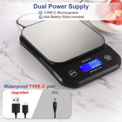 BOMATA Waterproof Kitchen Scale, 0.1g/0.01oz High Precision, 5kg/11lb, Washable, USB Rechargeable, Digital Scale for Food,Cooking, Baking, Weight Loss