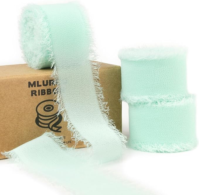 Aqua Chiffon Ribbon - 1 Inch x 21 Yards, Handmade Fringe, Silk, Boho Frayed, Dreamy Green for Gift Wrapping, Wedding Invitation, Bridal Flower Bouquets