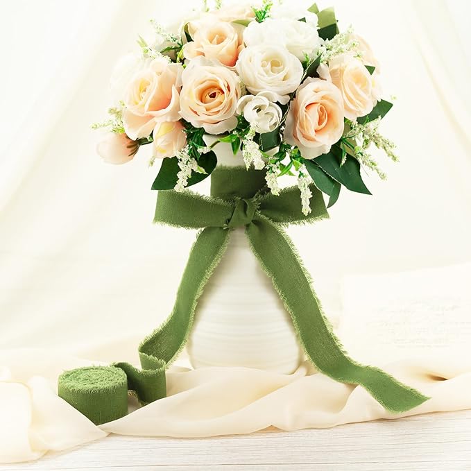 Moss Green Cotton Ribbon 1 Inch Moss Green 3 Rolls 21 Yards Frayed Edge Fabric Set for Rustic Wedding Decor, Bridal Bouquet Wrap, Woodland Theme Party, Baby Shower & Wreath Making