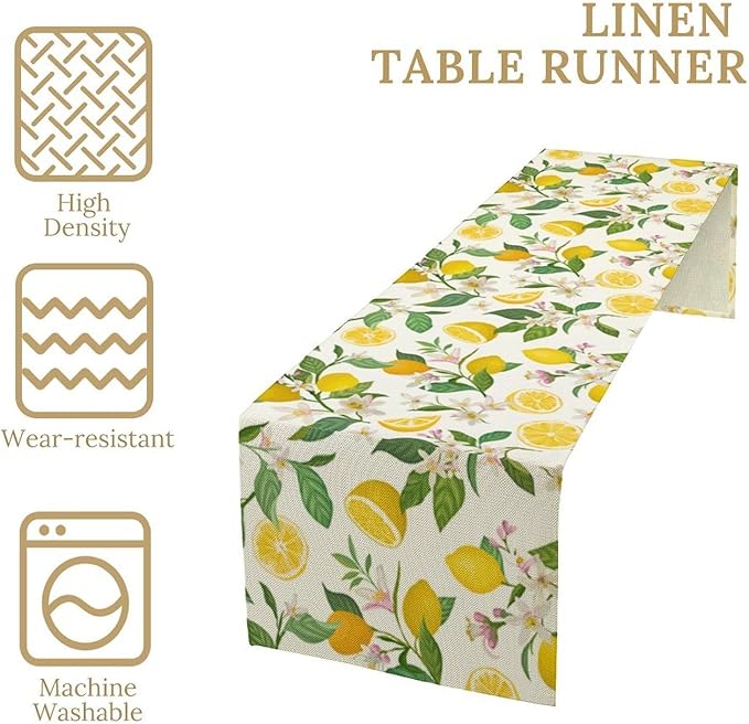 Yellow Lemon Table Runner,Spring Floral Summer Fruits Print Table Decoration for Farmhouse Kitchen Dinner Dining Table Holiday Party Home Decor 13x108in