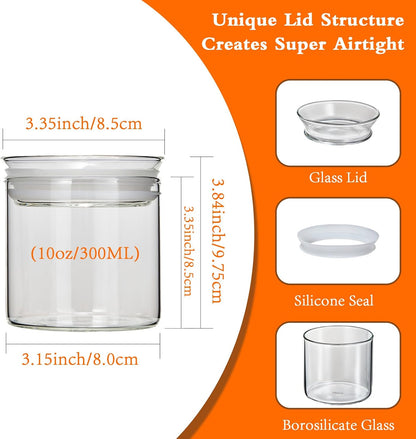 ZENS 10oz Glass Jars with Airtight Lid, 4 Pack Glass Kitchen Canisters Set for Spice, Loose Tea, Small Clear Glass Storage Jars with Labels for Herbs, Sugar | Borosilicate Clear Glass Canisters Set for Spice, Small Tea Jars for loose Tea with Labels for H