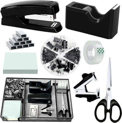 Black Office Desk Accessories, Black Office Supplies Set, Desk Drawer Organizer,Stapler and Tape Dispenser Set,Tape,Staple Remover, Staples, Paper Clips, Scissor and Sticky Note