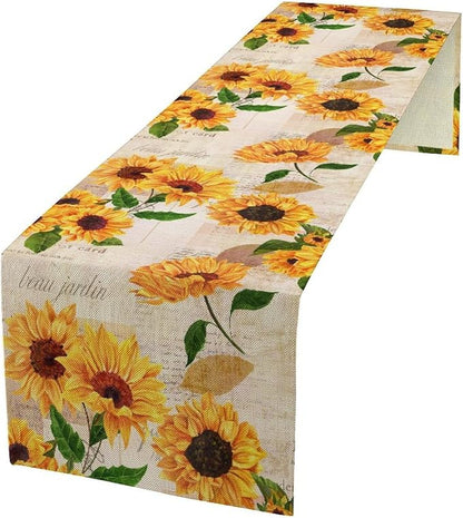 Retro Sunflower Table Runner, Vintage Newspaper Sunflower Blossoms Rustic Farmhouse Flower Table Cover for Kitchen Dinning Party Holidays Decor, 13x120inch