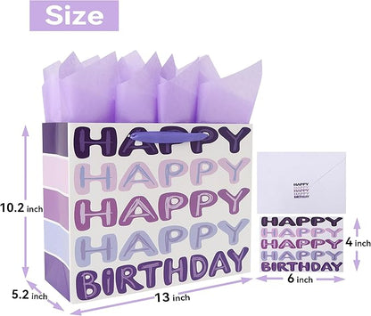 Qirrmiy 13'' Large Purple Happy Birthday Gift Bag Set with Handles, Greeting Card, Tissue Papers and Stickers for Women Girls Kids Teens, Words Design, 1 Pcs