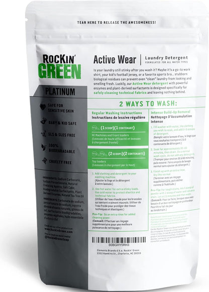 Rockin' Green Laundry Detergent, Plant based, All Natural Laundry Detergent Powder, Vegan and Biodegradable Odor Fighter, Safe for Sensitive Skin (Active Wear 120 Loads - Unscented)