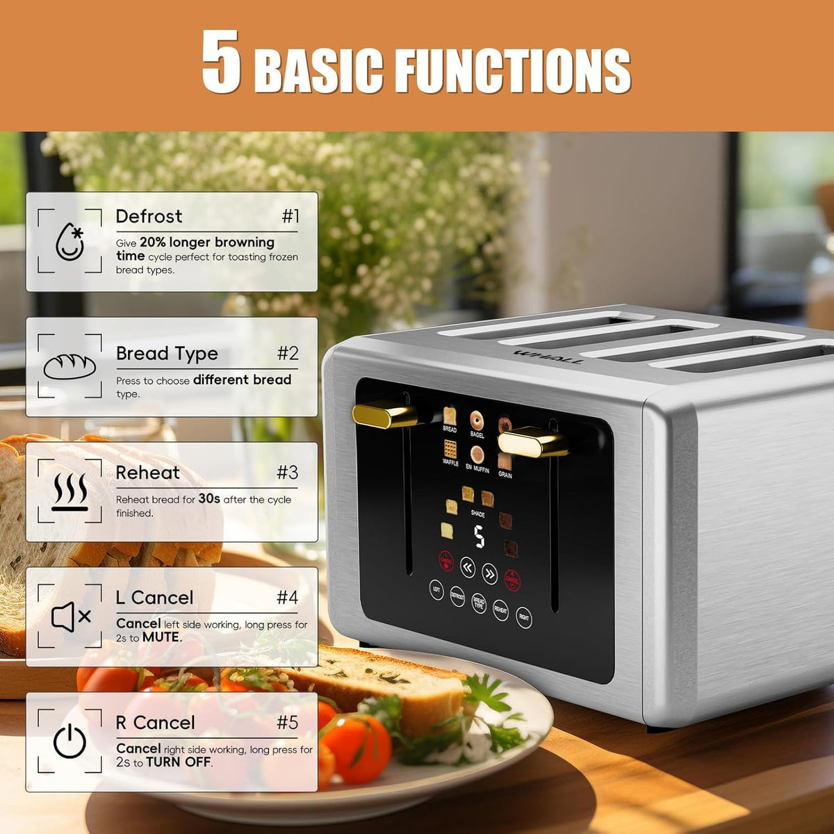 whall 4 Slice Touch Screen Toaster, Stainless Steel Toasters Digital Timer, Dual Control Panel Toasters，6 Shade Settings＆6 Bread Types, Smart Wide Slots, Bagel, Cancel, Defrost,Flat lever White